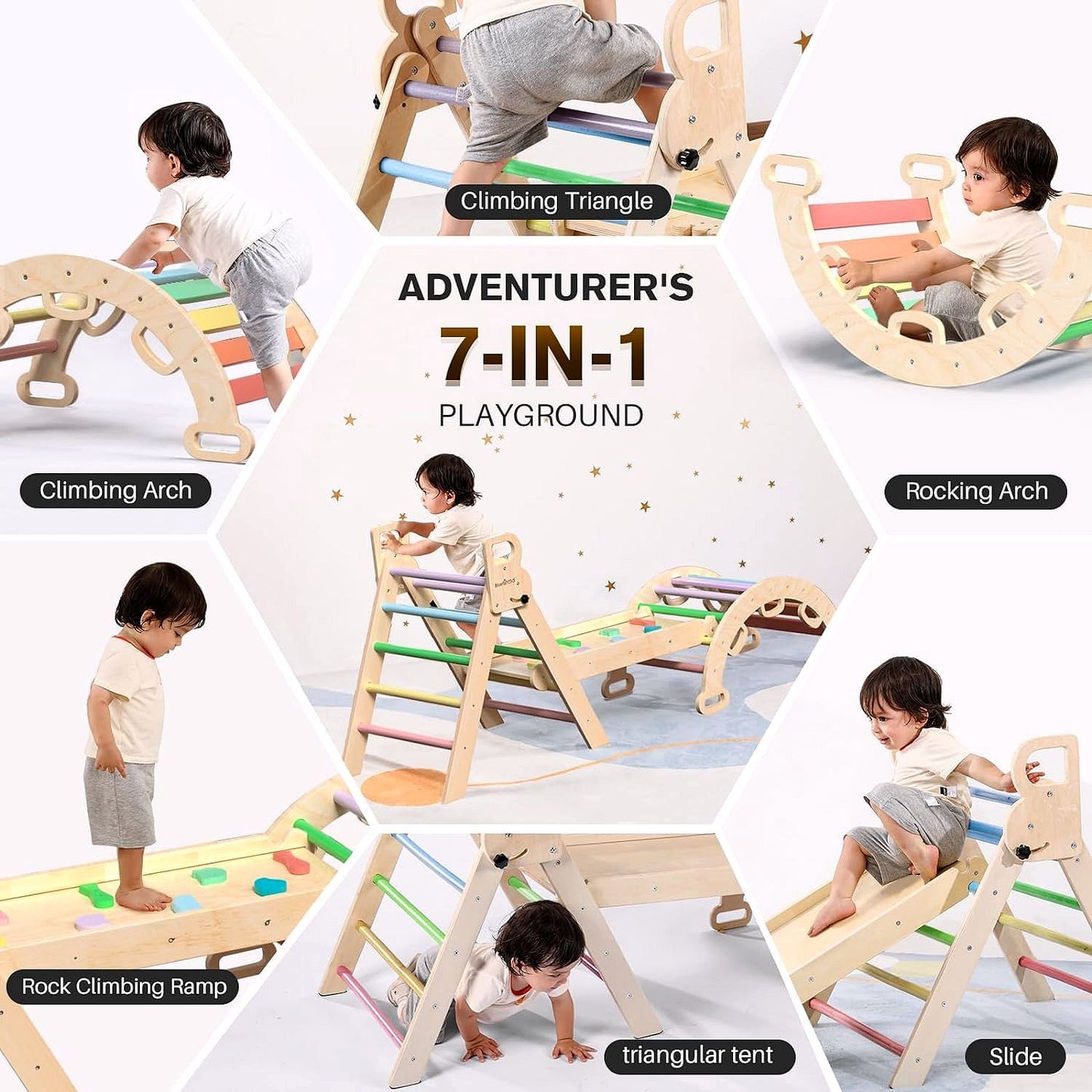 2026 Pikler-Dreieck Set 7-in-1 – Faltbares Baby-Kletterspielzeug aus Holz, Montessori Kletterset mit Bogen, Rampe & Leiter, Indoor Klettergerüst für Kleinkinder – Regenbogen