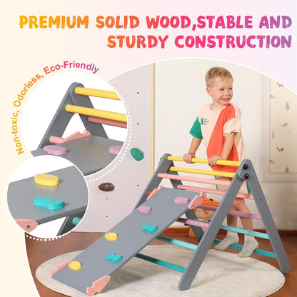 2026 Dreieck-Set mit Kissen, 5-in-1 Montessori-Kletterset, faltbar, Kletter-Indoor-Spielplatz-Set für Kleinkinder, Holz-Kletterspielzeug mit Rampe und Kletterbogen für Kinder (Holzfarbe)