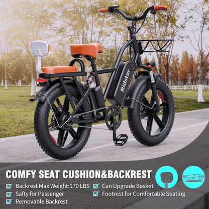 2026 Elektrofahrrad für Erwachsene, 750W, 30–70 Meilen Reichweite, 48V 15Ah herausnehmbarer Akku, 20" x 4.0 Fat Tire E-Bike, 2-Sitzer mit Federgabel, UL2849