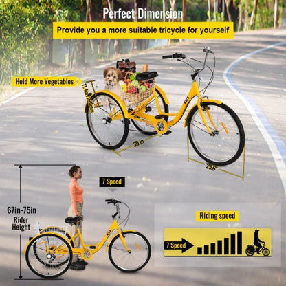 2026 2026 Erwachsenen-Dreirad 26 Zoll, 7 Gänge, Dreirad mit Korb für Spaziergänge und Einkäufe
