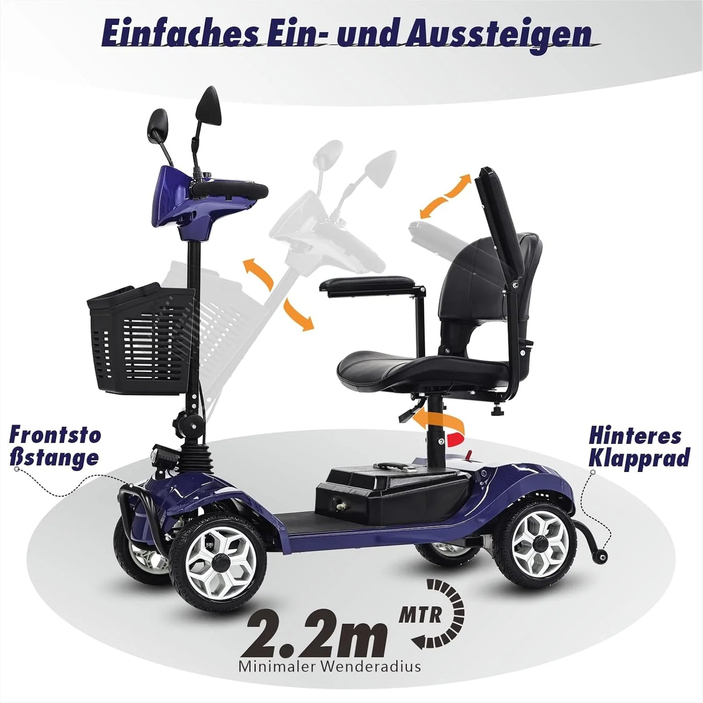 2026 Mobilitätsroller mit 4 Rädern, elektrisch betriebener Rollstuhl, kompaktes Hochleistungsmobil für unterwegs, Erwachsene, Senioren – Langstrecken-Akku mit erweiterter Leistung, Rückspiegel