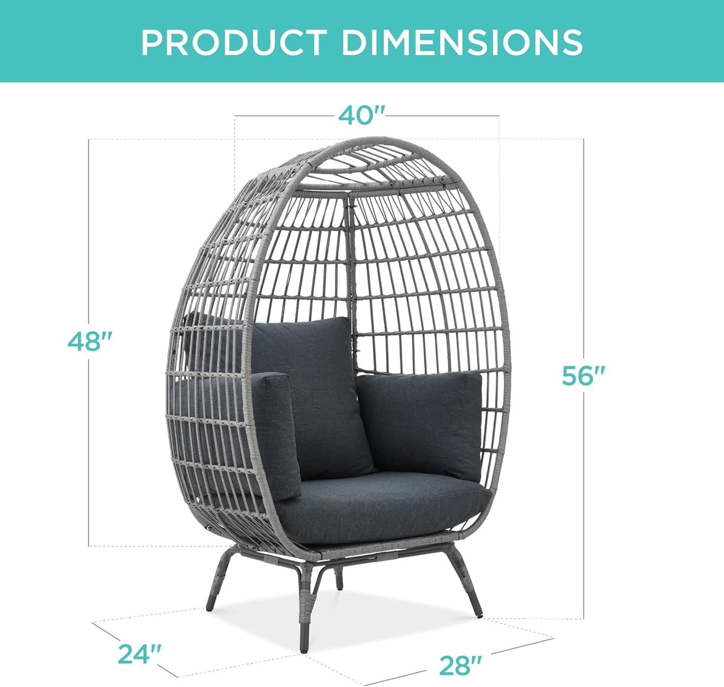 2026 Best Choice Products Korbsessel „Eierstuhl“, übergroße Liege für drinnen und draußen für Terrasse, Garten, Wohnzimmer mit 4 Kissen, Stahlrahmen, 200 kg Tragkraft, Elfenbein