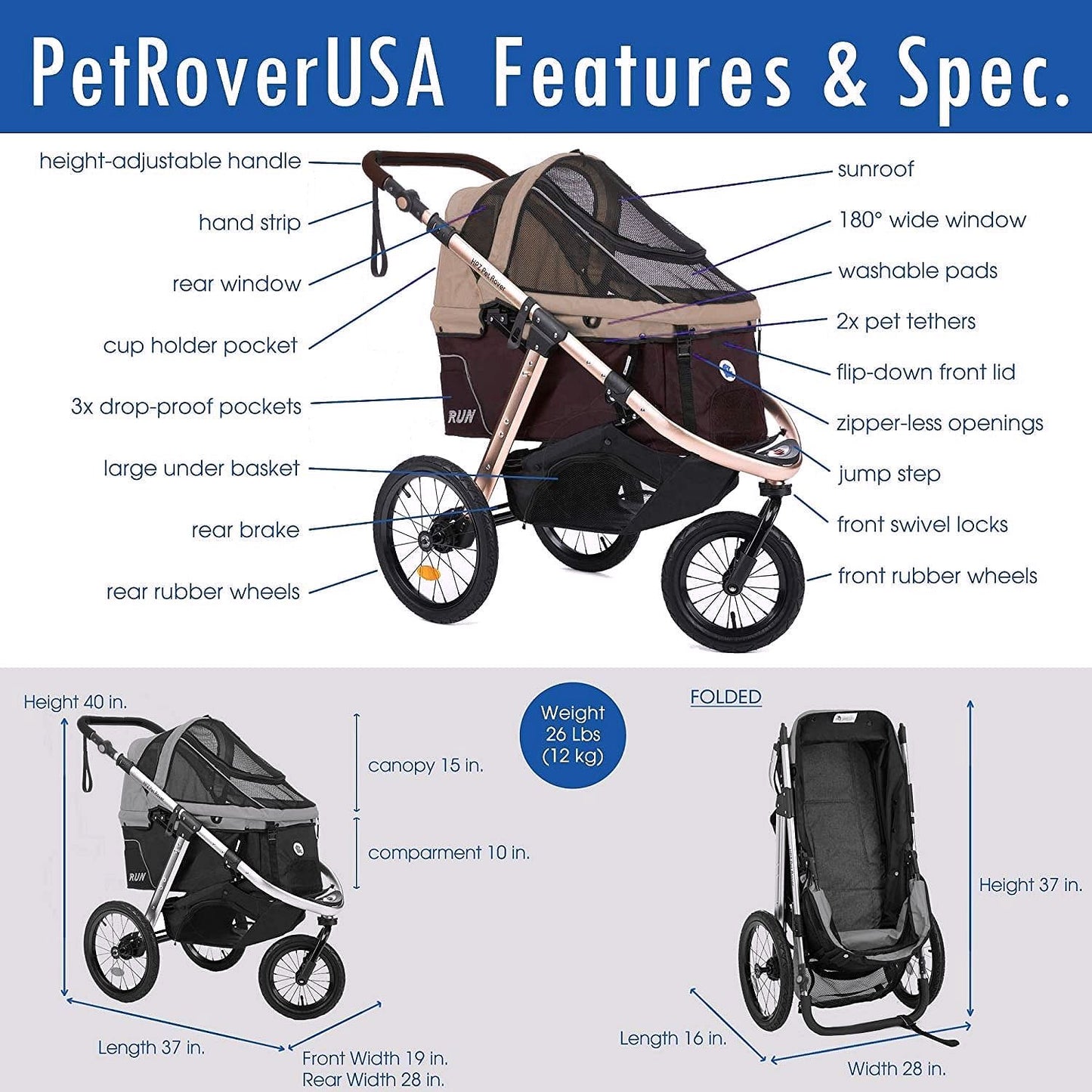2026 Jogging-Sport-Tierbuggy mit Komfort-Gummirädern / Reißverschlusslosem Einstieg / Einhand-Schnellfaltung / Aluminiumrahmen für kleine & mittelgroße Hunde, Katzen und Haustiere (Grün Camouflage)