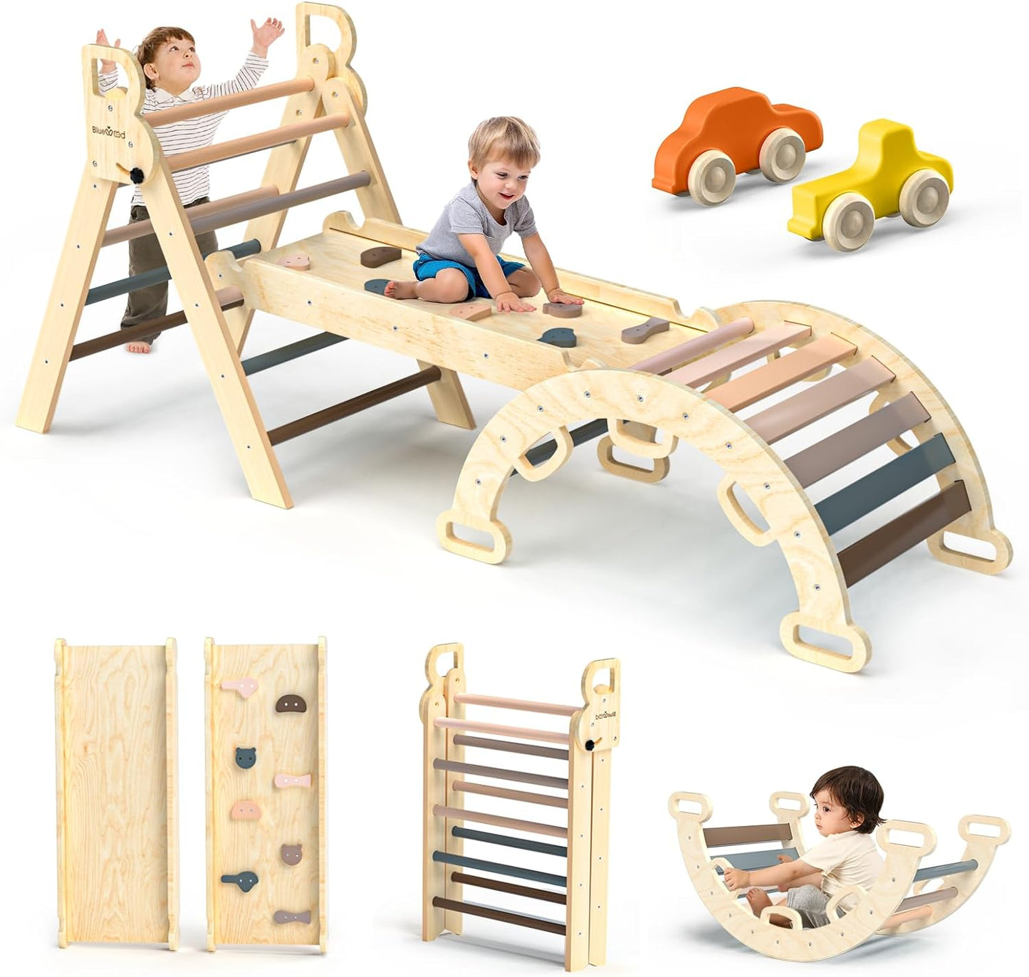 2026 Pikler-Dreieck-Set, 7-in-1, faltbares Baby-Kletterspielzeug, hölzernes Montessori-Kletterset mit Bogen, Rampe und Leiter, Baby-Klettergerät, Indoor-Klettergerüste für Kleinkinder, Montessori-Spielzeug – Regenbogen