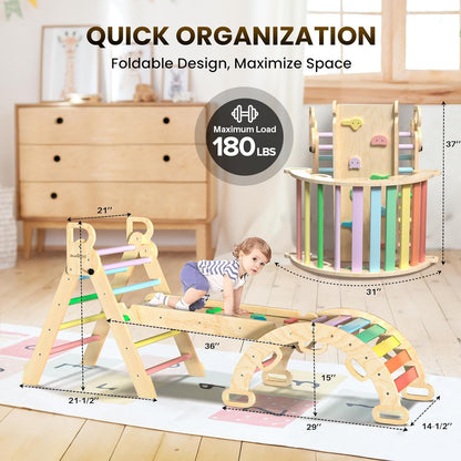 2026 Pikler-Dreieck-Set, 7-in-1, faltbares Baby-Kletterspielzeug, hölzernes Montessori-Kletterset mit Bogen, Rampe und Leiter, Baby-Klettergerät, Indoor-Klettergerüste für Kleinkinder, Montessori-Spielzeug – Regenbogen