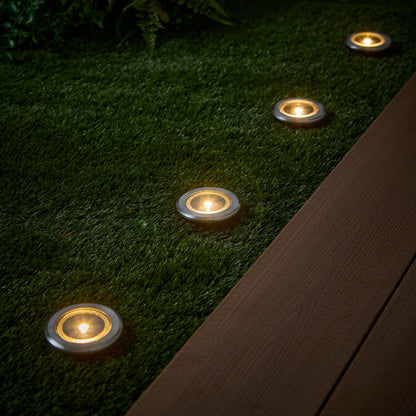 4er Set Solar Terrassen‑Einbaustrahler in Warmweiß, Silber