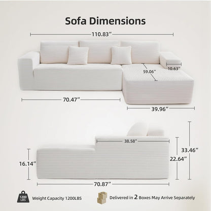 2026 110" Ecksofa ohne Stütze, Cloud Couch Ecksofa, L-förmiges modulares Cord-Ecksofa mit tiefer Sitzfläche, Polstersofa fürs Wohnzimmer, keine Montage erforderlich