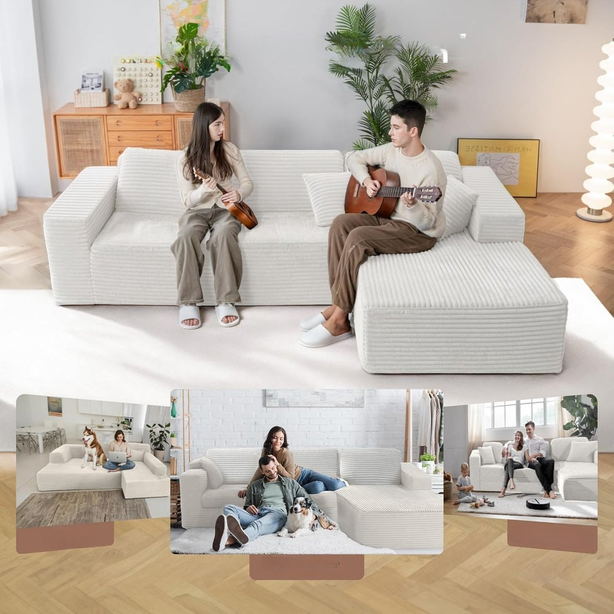 2026 110" Ecksofa ohne Stütze, Cloud Couch Ecksofa, L-förmiges modulares Cord-Ecksofa mit tiefer Sitzfläche, Polstersofa fürs Wohnzimmer, keine Montage erforderlich