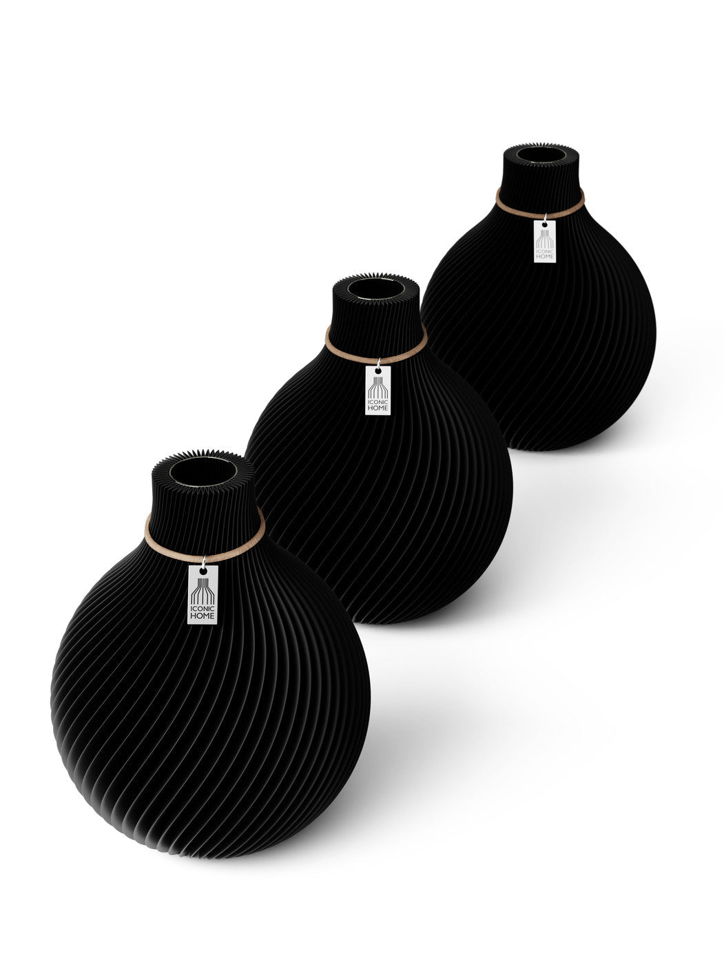 Tischvase Sphere naturfarbenes Band Set 3 Vasen 17,5 cm deep black ICONIC HOME