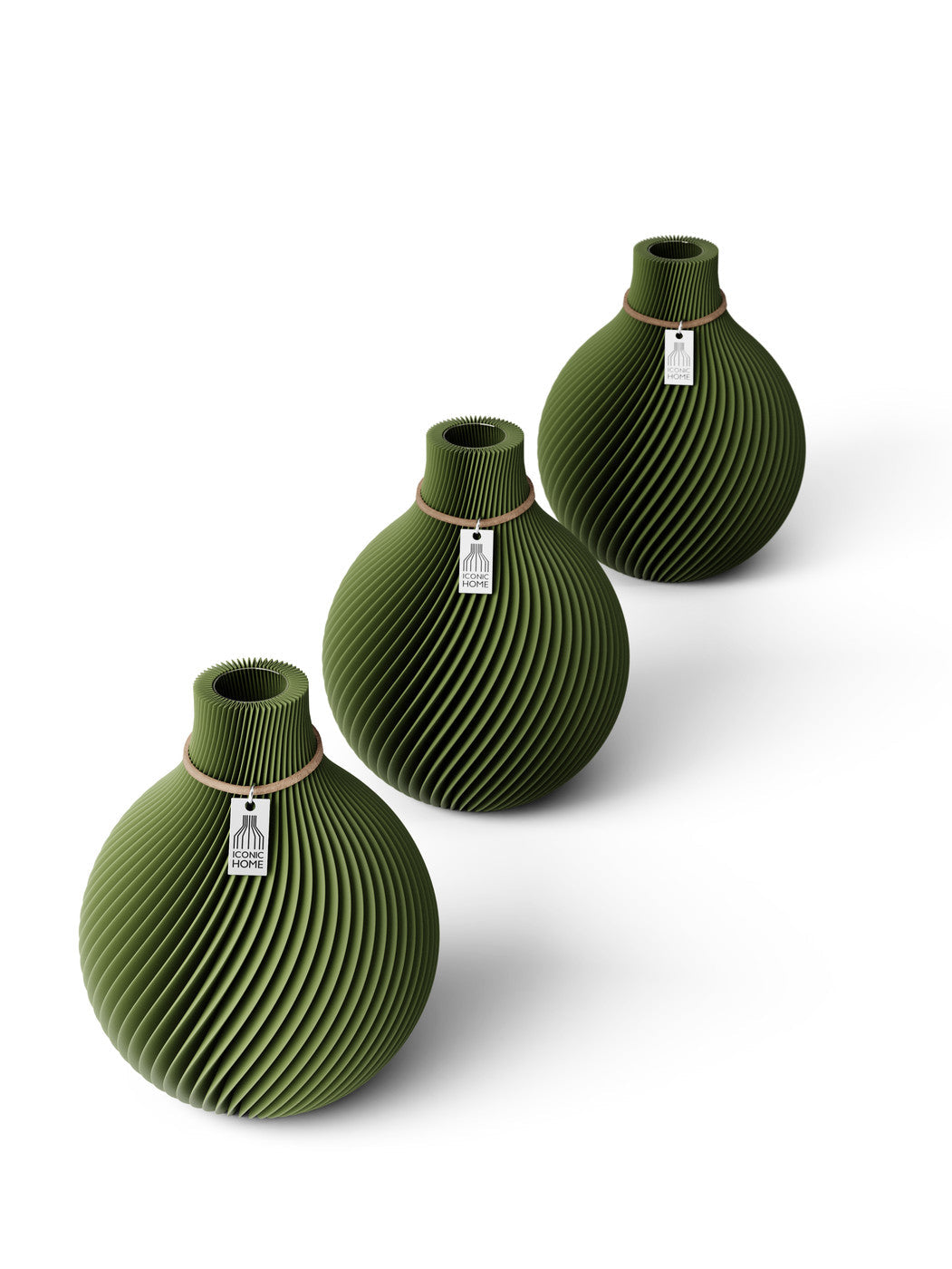 Tischvase Sphere naturfarbenes Band Set 3 Vasen 15 cm moss green ICONIC HOME