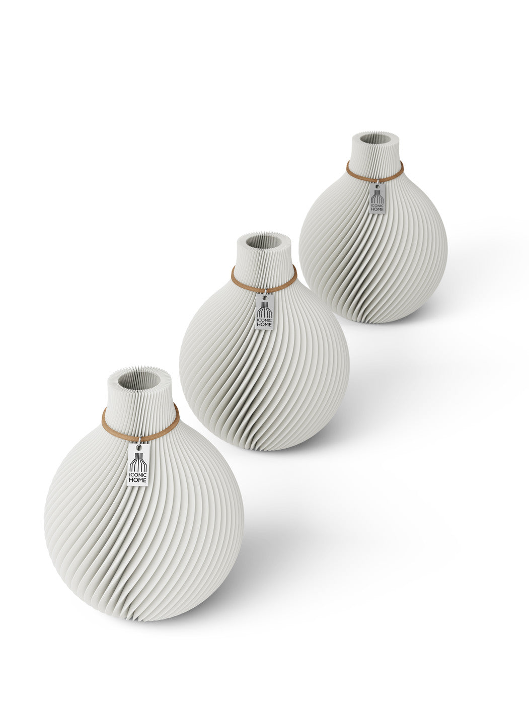 Tischvase Sphere naturfarbenes Band Set 3 Vasen 15 cm pure white ICONIC HOME