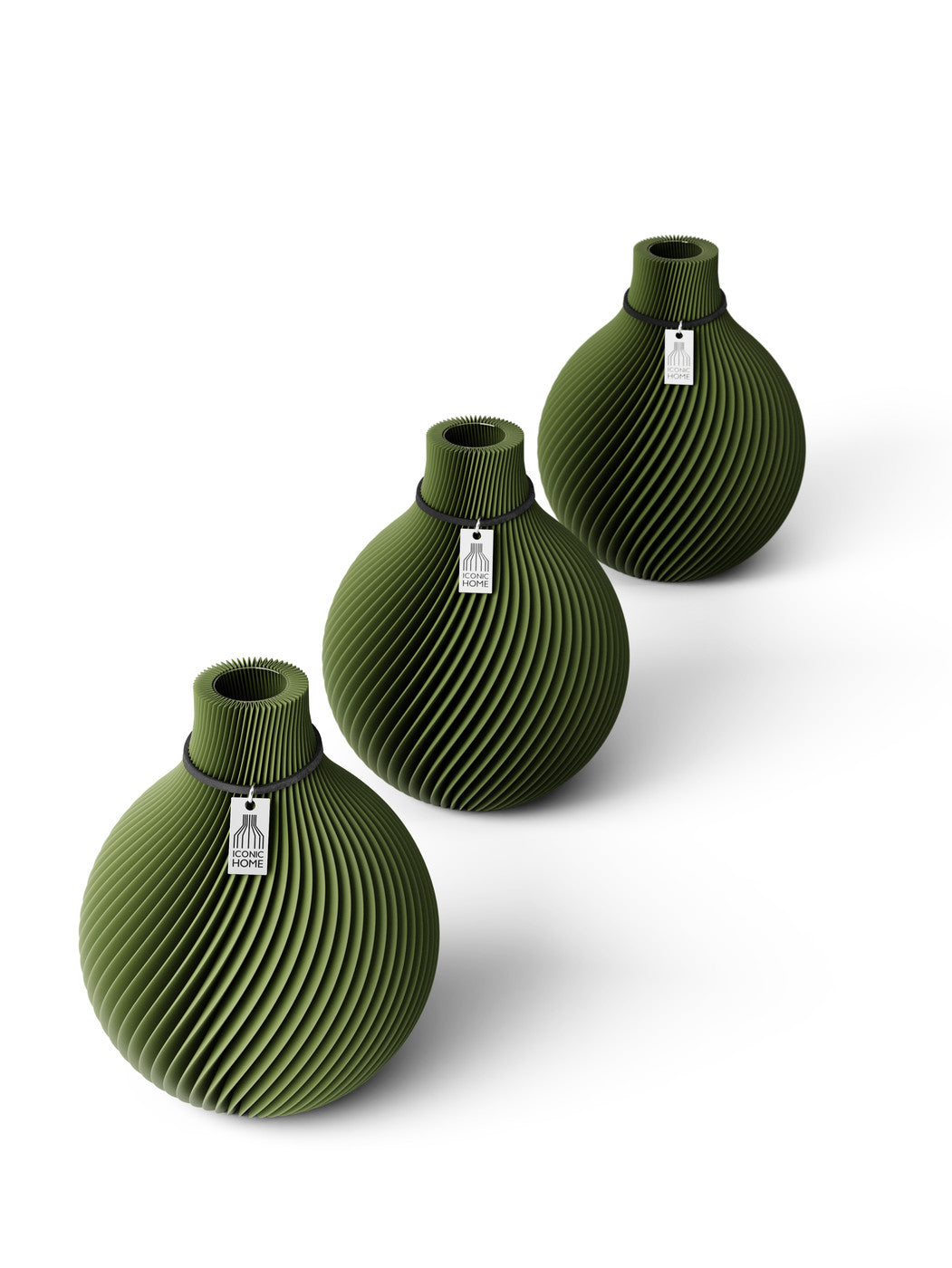 Tischvase Sphere schwarzes Band Set 3 Vasen 15 cm moss green ICONIC HOME