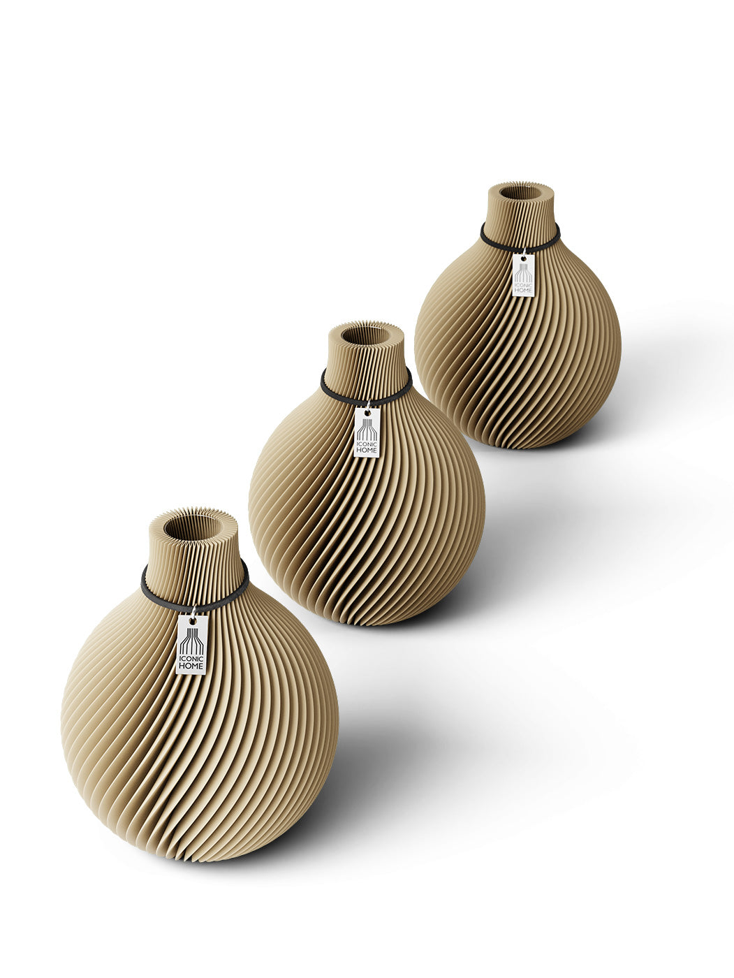 Tischvase Sphere schwarzes Band Set 3 Vasen 15 cm natural oak ICONIC HOME